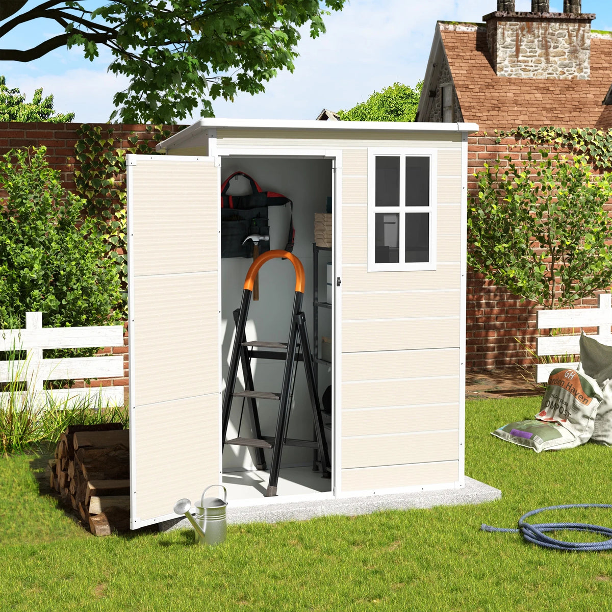 ELPOSUN Outdoor Storage Shed 6x4.5 ft, Resin Outside Sheds & Outdoor Storage Plastic for Trash Can, Bike, Lawnmower, Generator, Tool Shed with Lockable Door for Backyard, Lawn, Patio, Grey & White