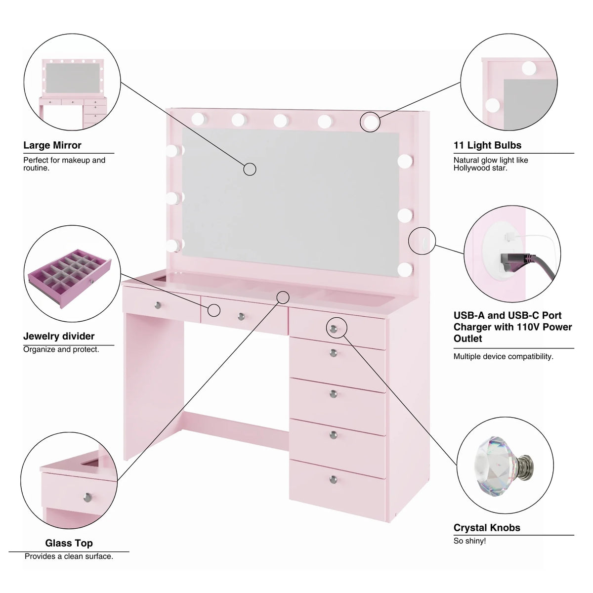 Ember Interiors Modern Large Greige Makeup Vanity Desk with Built-in Lights, Power Outlet with USB Type-C, Glass Top, 7 Drawers and Crystal Knobs