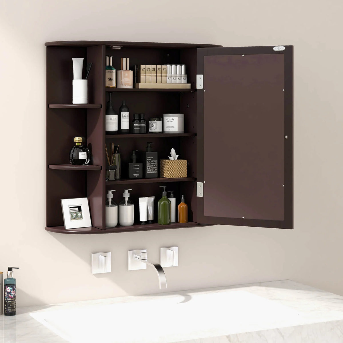 Costway, White, Medium Density Fiberboard, Multipurpose Mount Wall Surface Cabinet Mirror Glass, 26.00 x 6.50 x 23.50 Inches