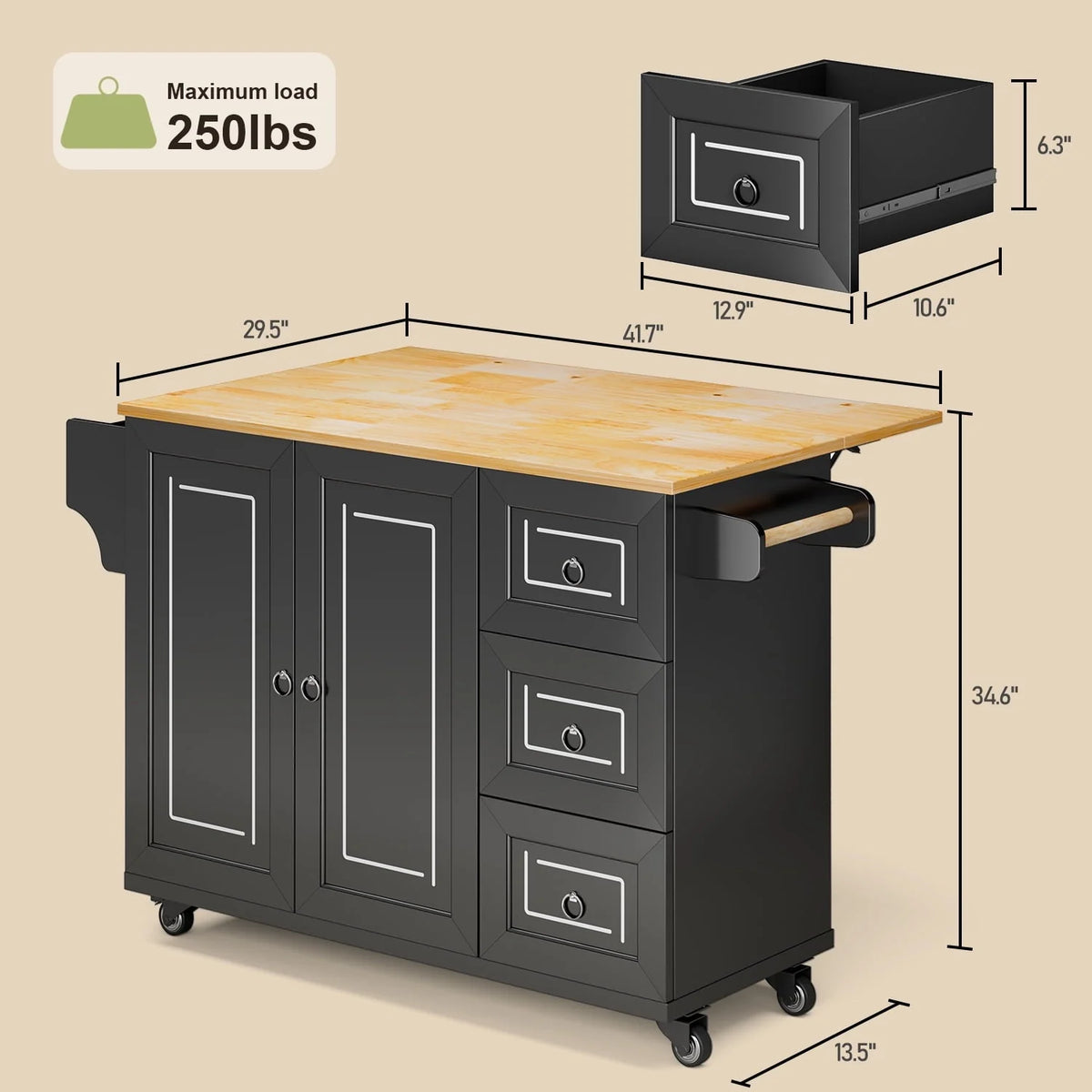 Lofka Kitchen Island with Storage,  Kitchen Island on Wheel with Wood Drop Leaf Tabletop,Black