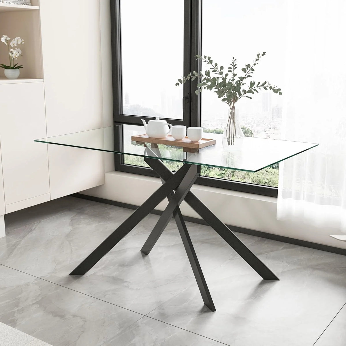 SSYBAB Glass Dining Table for 4 People, 51.2 Inches Rectangular Glass Kitchen Table with Silver Steel Legs, Modern Dining Room Table for Dinner Kitchen Dining Room