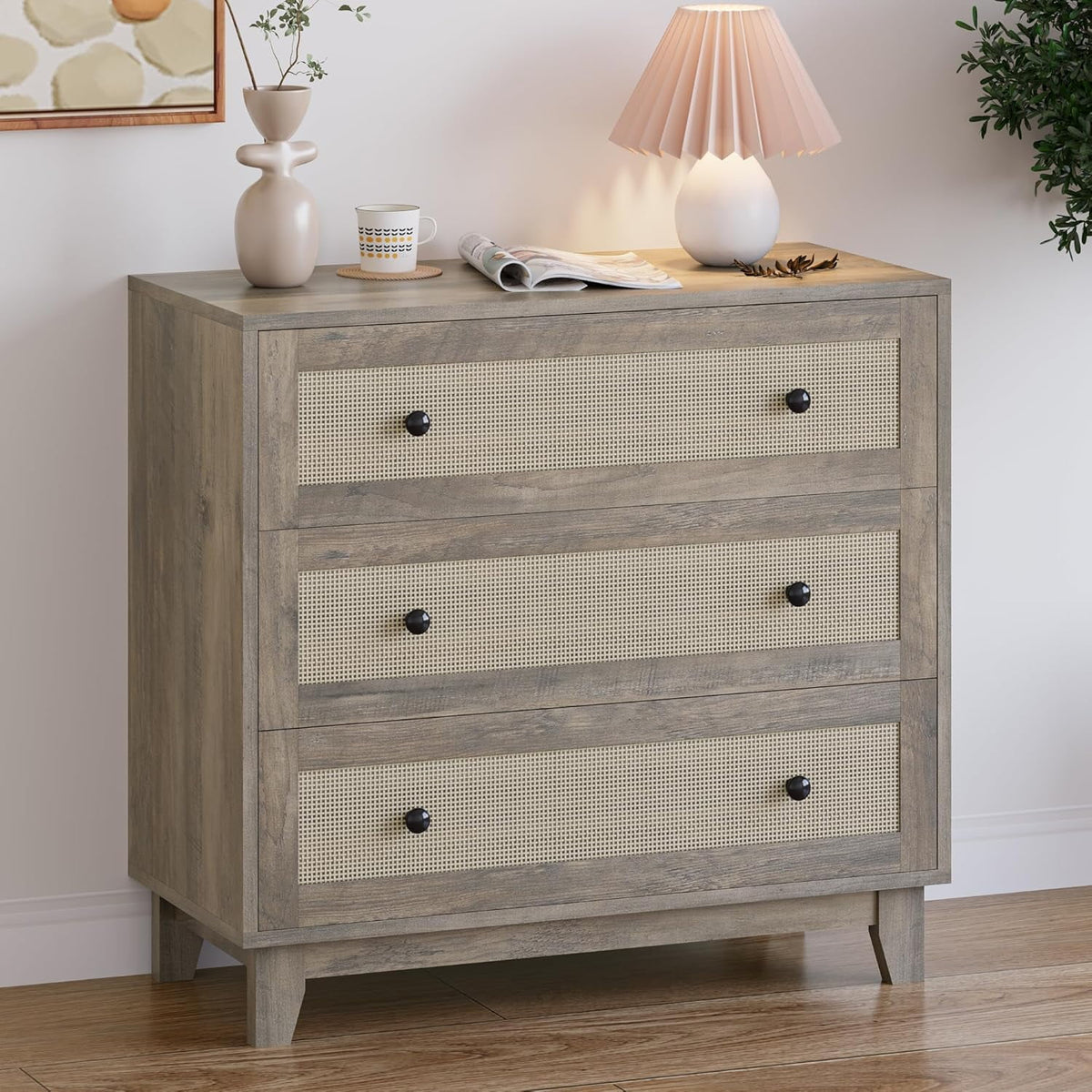 FANRAL 3 Drawer Dresser for Bedroom,Boho Small Natural Rattan Closet Dressers Chest of Drawers,Modern Wood Clothes Storage Organizer with Wooden Feet and Handles for Hallway,Living Room,Entryway