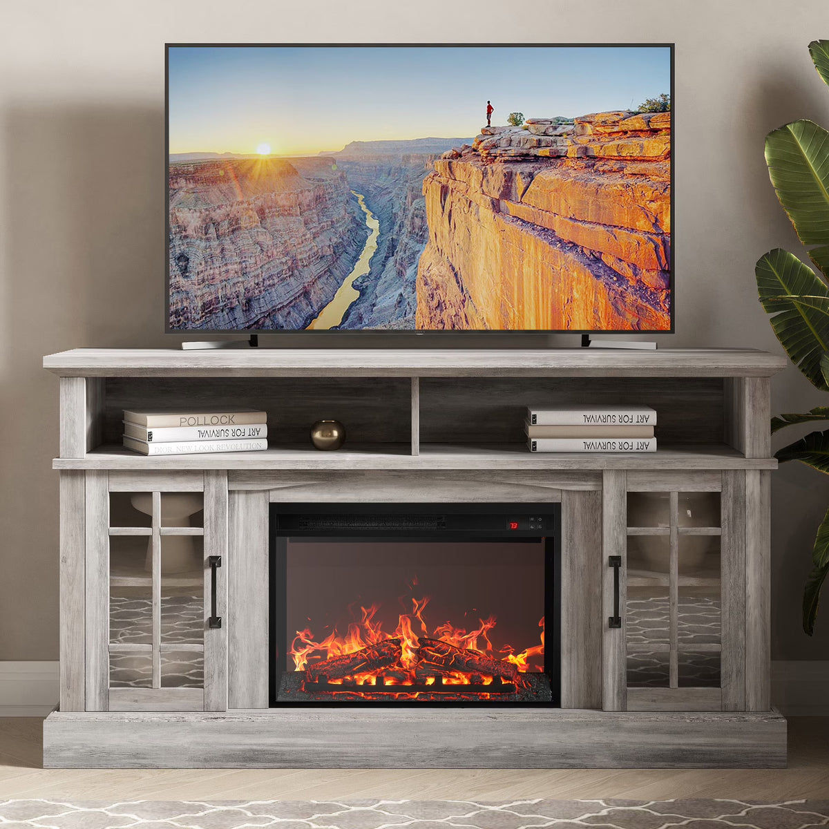 BELLEZE 58" TV Stand with 23" Electric Fireplace, Fireplace TV Console for TVs up to 65", Home Entertainment Center with Storage Cabinet and Adjustable Shelves - Astorga (Gray Wash)