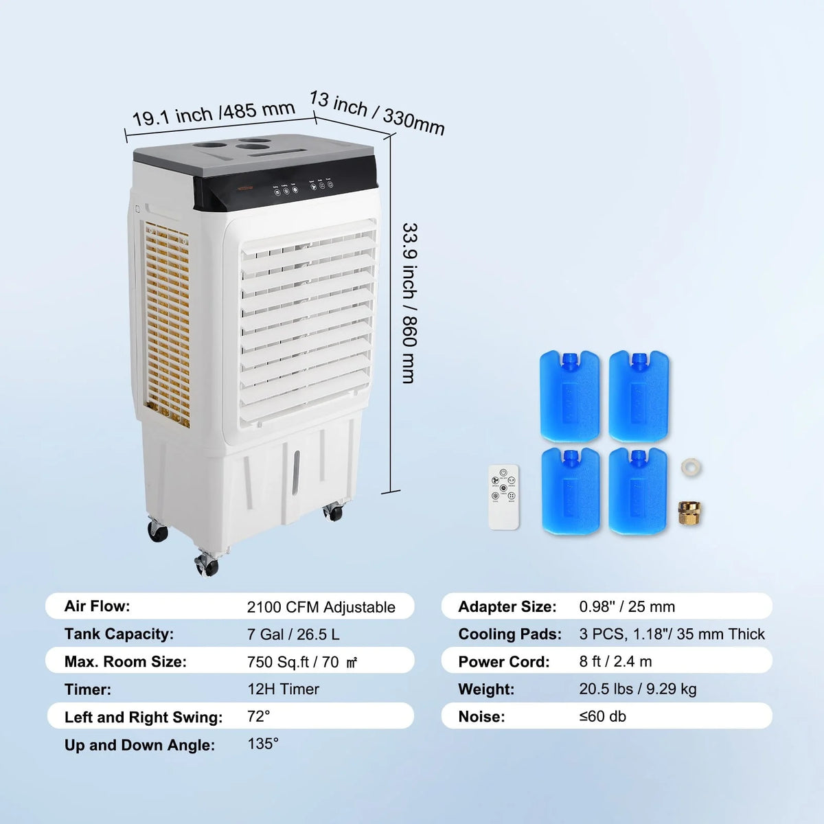 BENTISM Evaporative Cooler Swamp Cooler 3-in-1 2100 CFM 7 Gal 12h Timer Air Humidifier