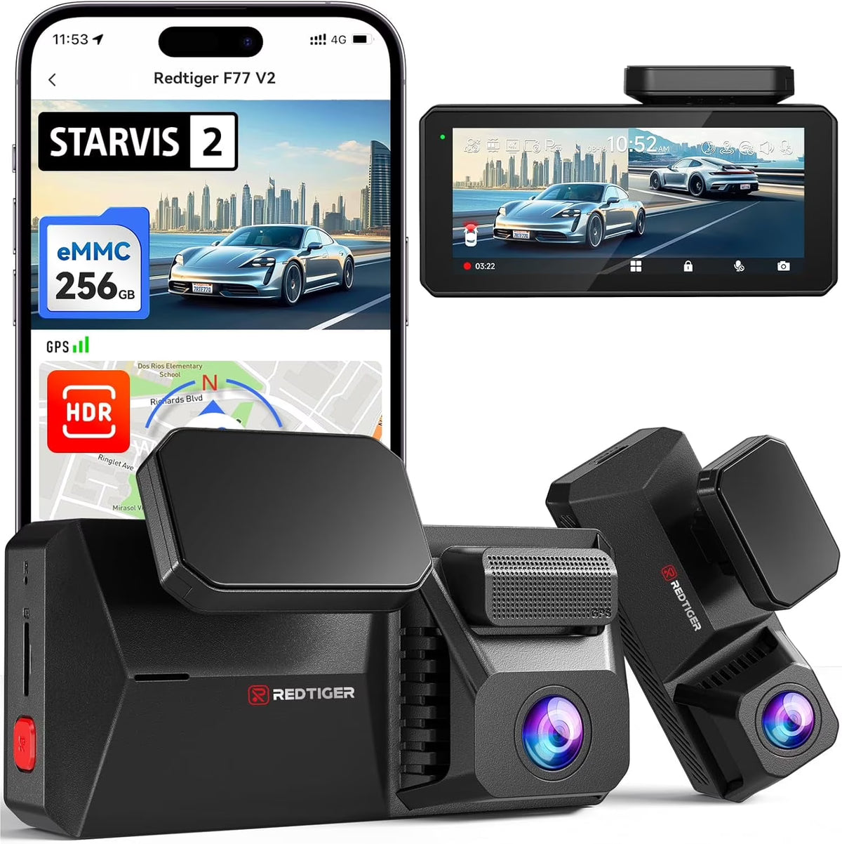 REDTIGER 4K UHD Dual IMX678 Dash Cam with Starvis 2 Night Vision, 128GB eMMC, 5.8GHz WIFI, GPS Tracking, Parking Monitor