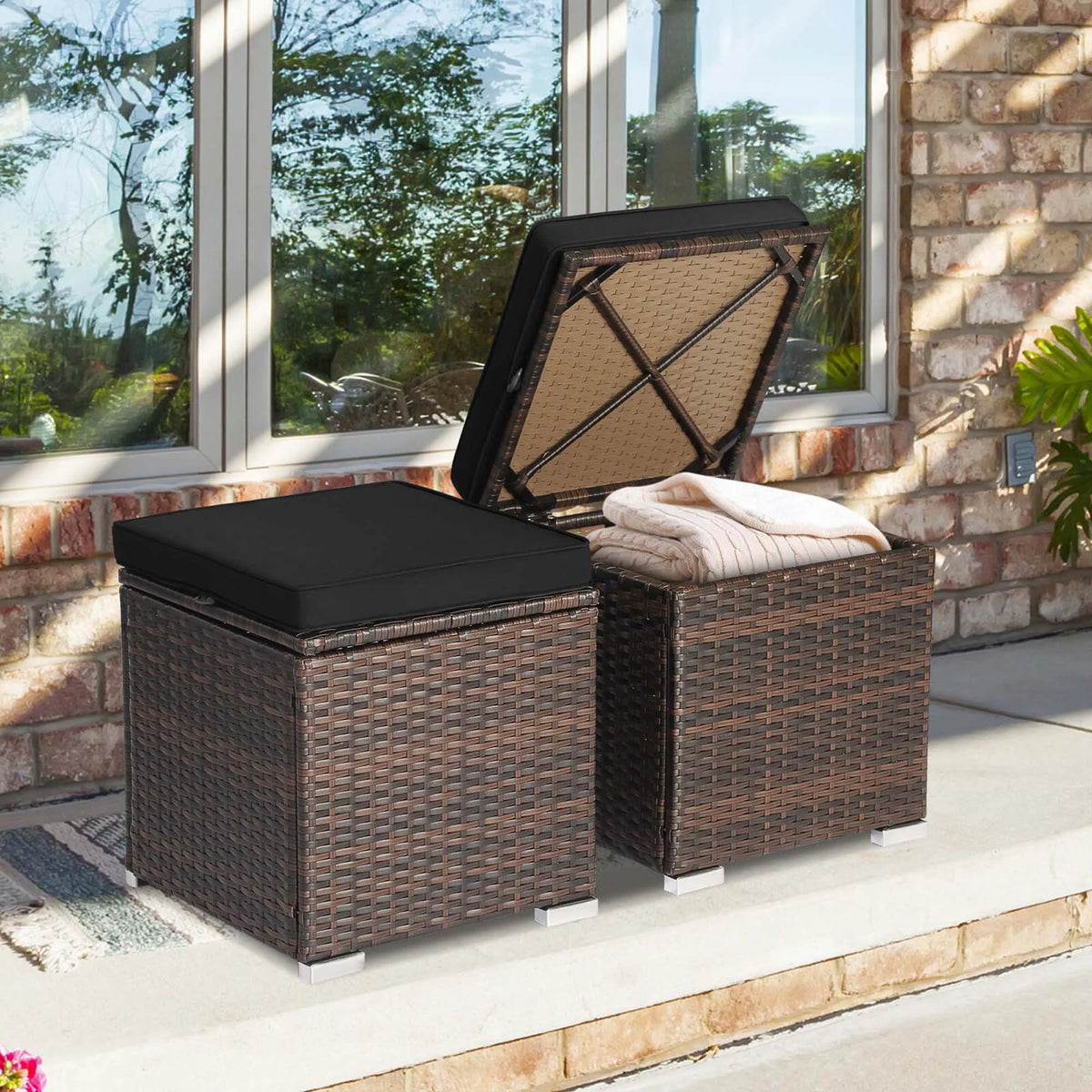 Costway 2PC Patio Rattan Ottoman Seat Side Table Storage Box Footrest Off White