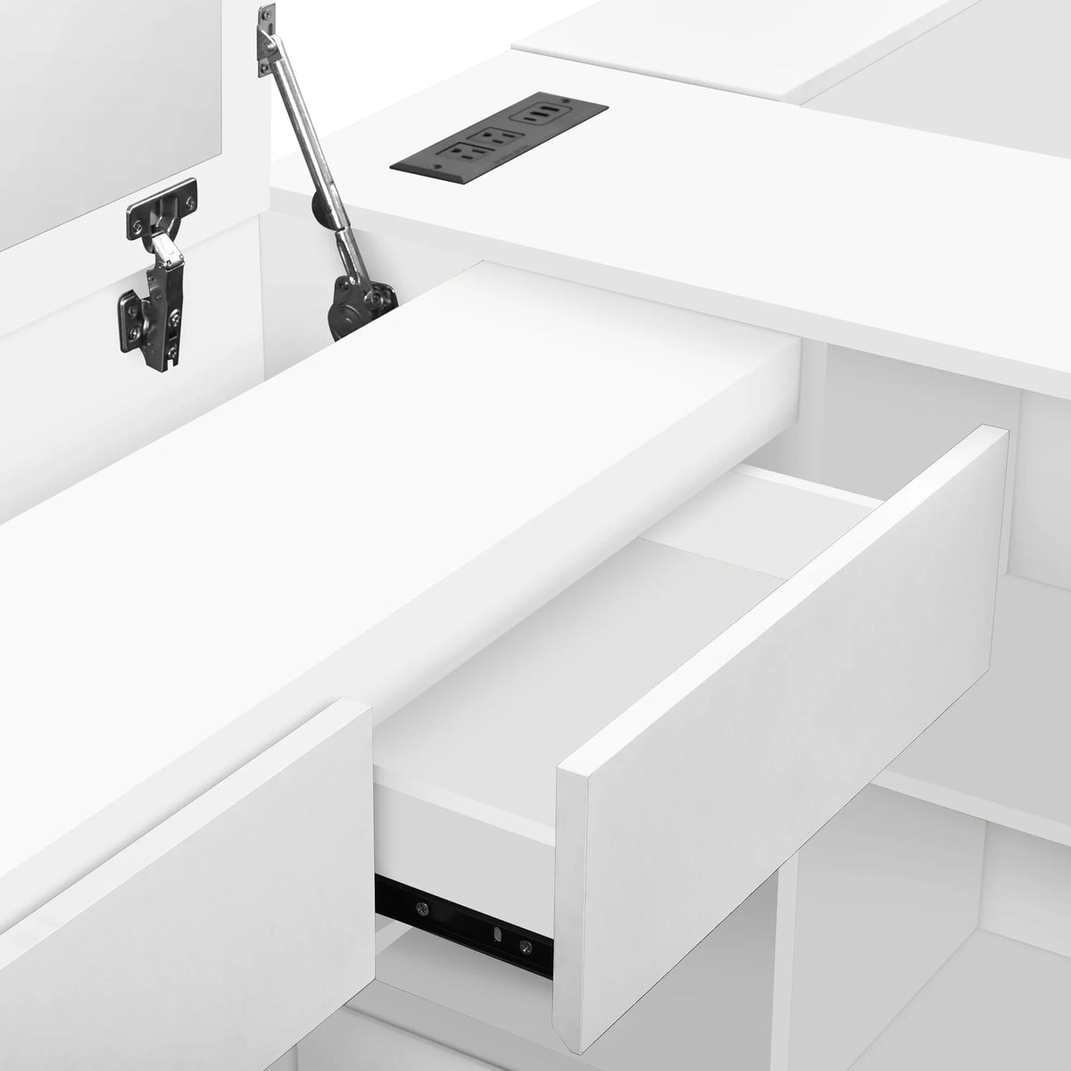 Full Size White Wooden Platform Bed w/ 6 Drawers, Vanity Desk &amp; Shelves - Bedroom Furniture. Space-saving design. Includes storage, perfect for small spaces. 75.3"L x 100.9"W.