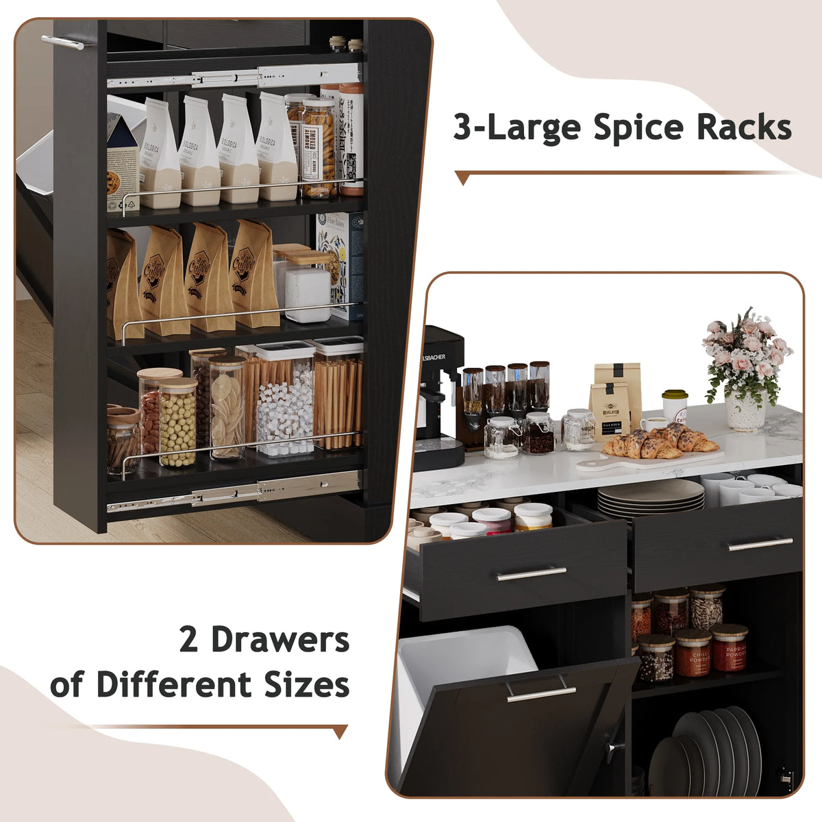 DreamCurship 52" Kitchen Island with Storage, Rolling Kitchen Cart Island with Wheels, Tilt Out Kitchen Trash Cabinet 10 Gallon Storage, 3 Large Spice Racks and 2 Drawers, White