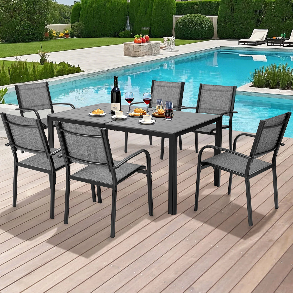 Seizeen 7-Piece Outdoor Table and Chairs, Patio Table Set with 6 Rattan Chairs, All-weather Outdoor Patio Dining Sets Rectangular Metal Table with Acacia Wood Top, Umbrella Hole, Gray