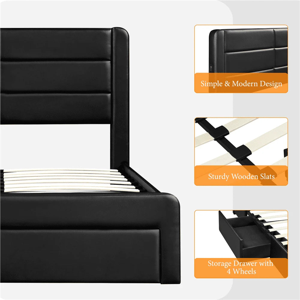 Easyfashion Upholstered Platform Queen Bed with 3 Storage Drawers and Built-in USB Ports, Black