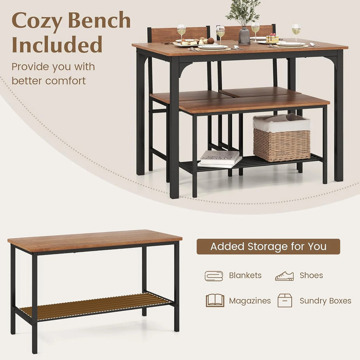 Gymax 4pcs Dining Table Set Rustic Desk 2 Chairs & Bench w/ Storage Rack Grey