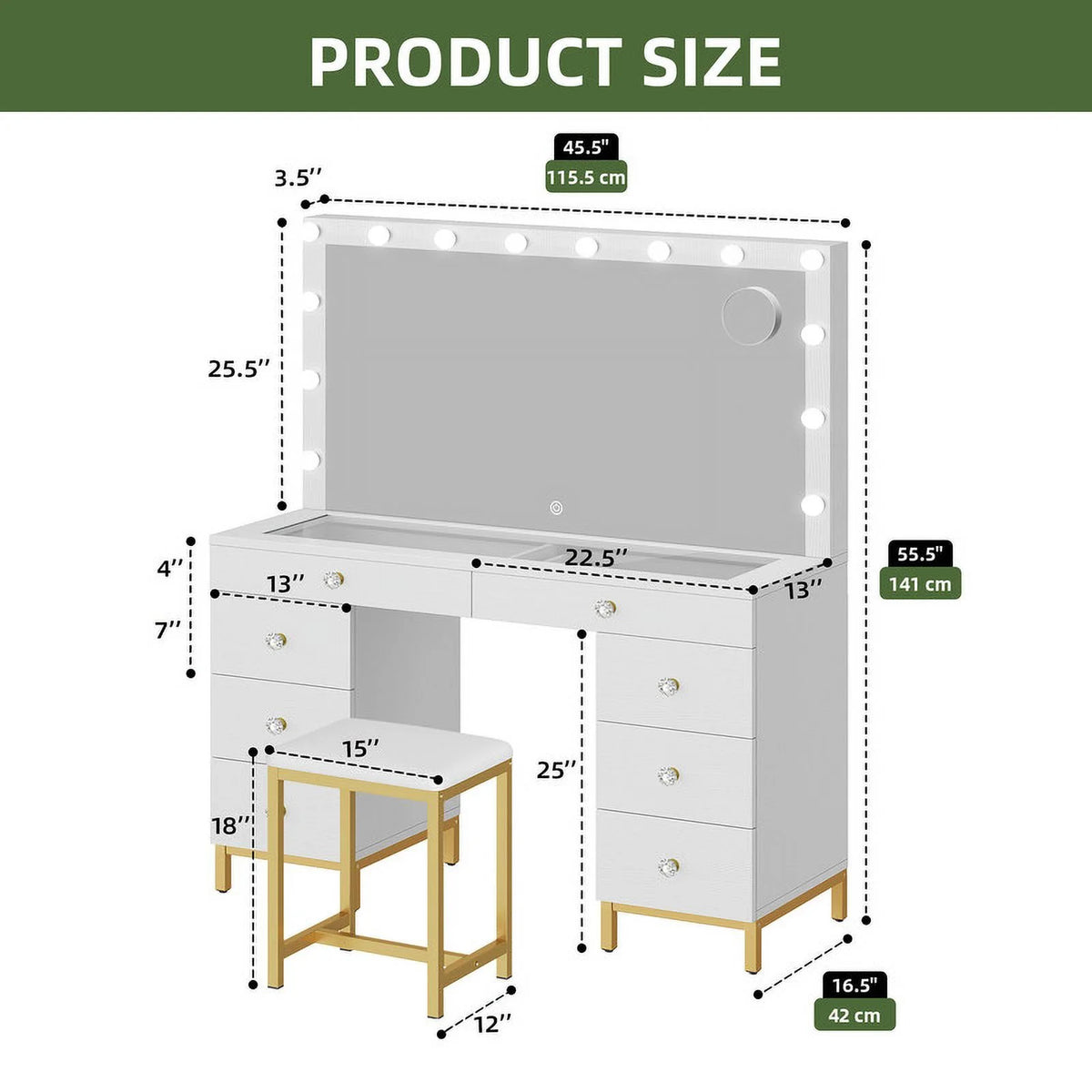 Uforic 55" Vanity Desk with Lighted Mirror & Power Outlet & 8 Drawers, Modern Makeup Vanity Table Set with Storage Stool, White