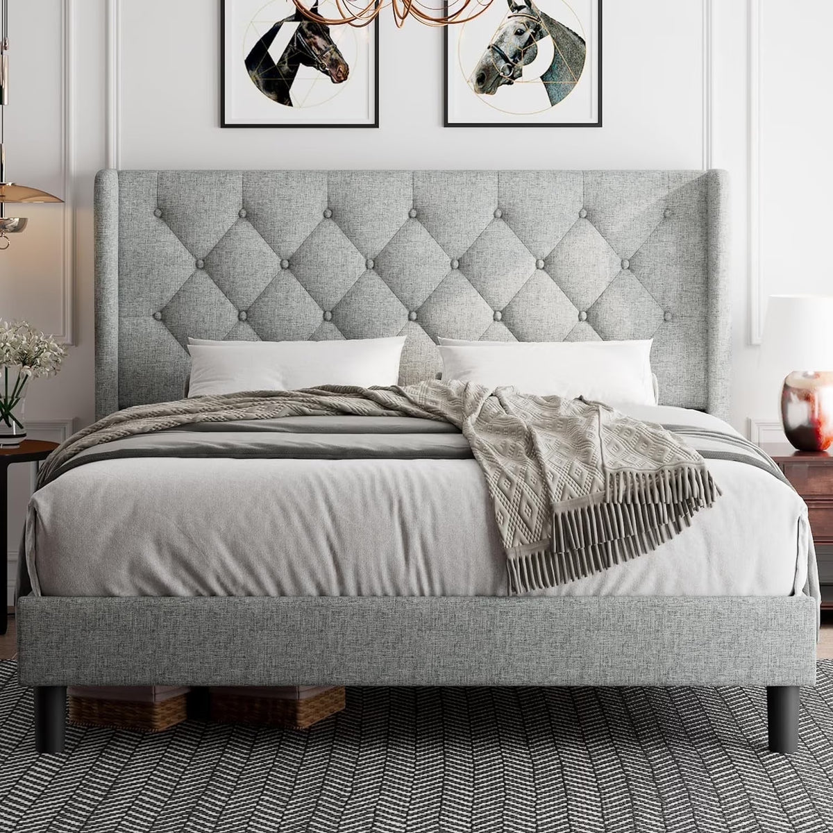 iPormis Full Size Bed Frame with Diamond Button Tufted Wingback Headboard, Upholstered Platform Bed Frame with Strong Wood Slat Support, Light Gray