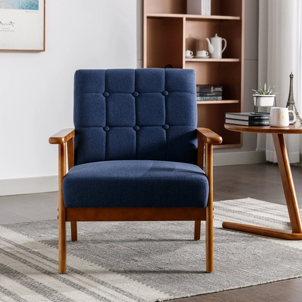 Ufurpie Mid Century Modern Armchair with Wood Frame,Linen Fabric Comfy Reading Chair,Accent Chair for Living Room Bedroom,Navy
