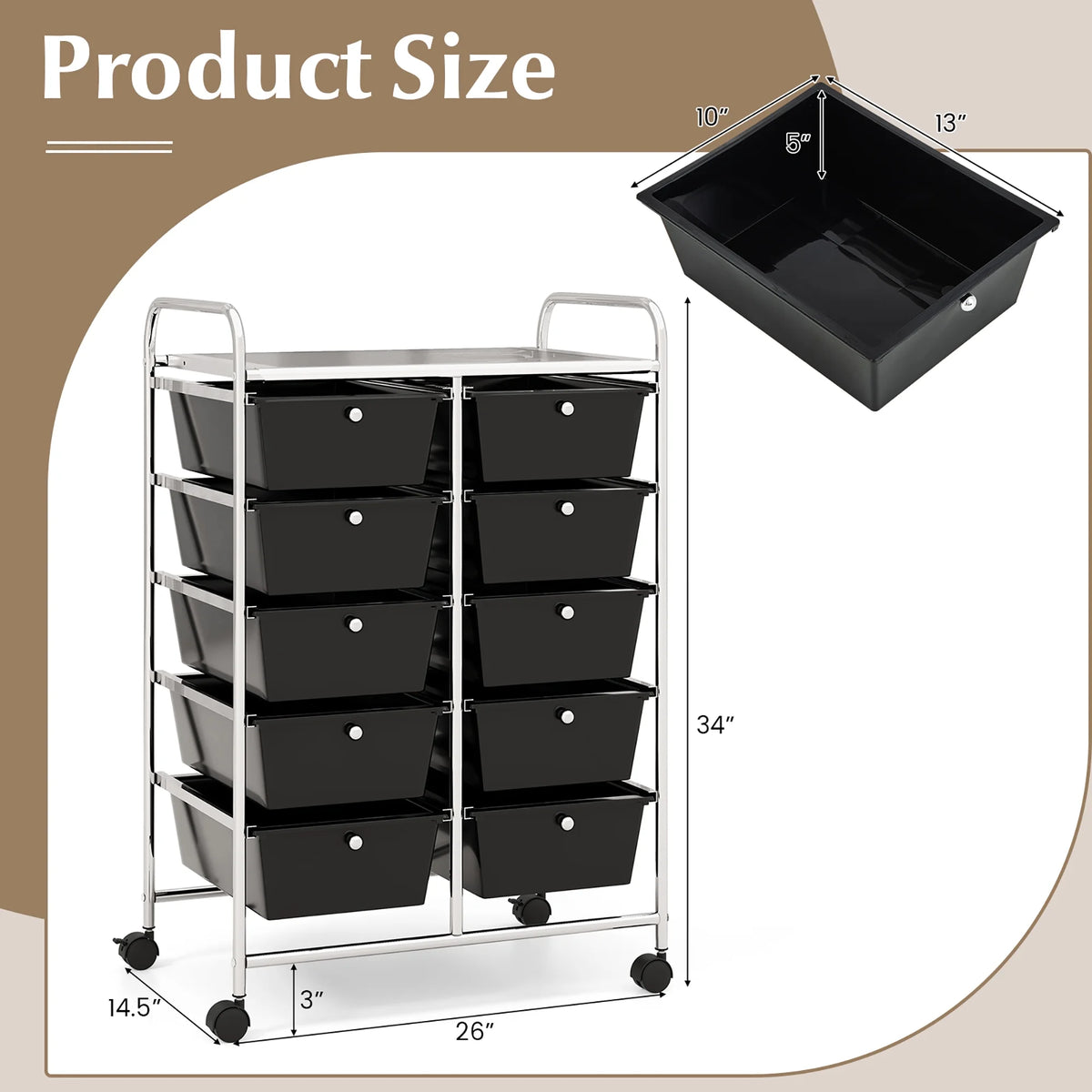 Gymax 10-Drawer Rolling Storage Cart Tools Scrapbook Paper Organizer on Wheels Black Gradient