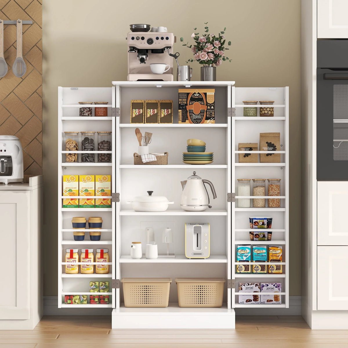 47 Kitchen Pantry Cabinet, White Buffet Cupboards Sideboard with Doors & Adjustable Shelves, Kitchen
