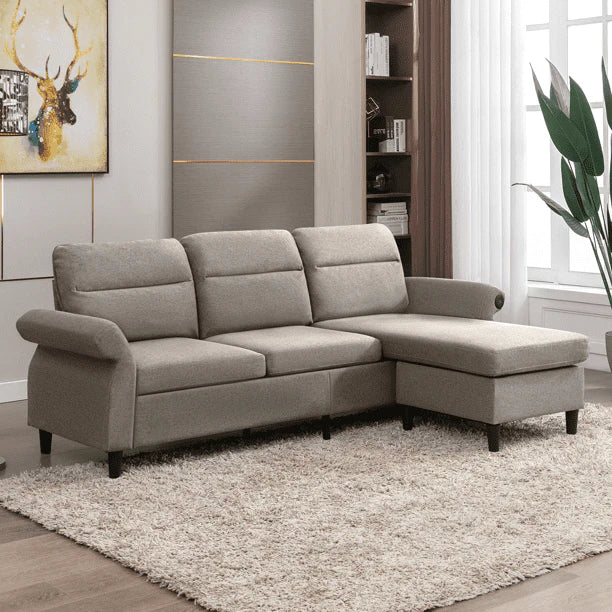Mjkone Modern 88" W Convertible Sectional Sofa Couch with 2 USB Ports and Adjustable Armres,3 Seat L-Shape Sofa Couch with,Ottoman for Living Room,Apartment , Linen Fabric,Light Grey
