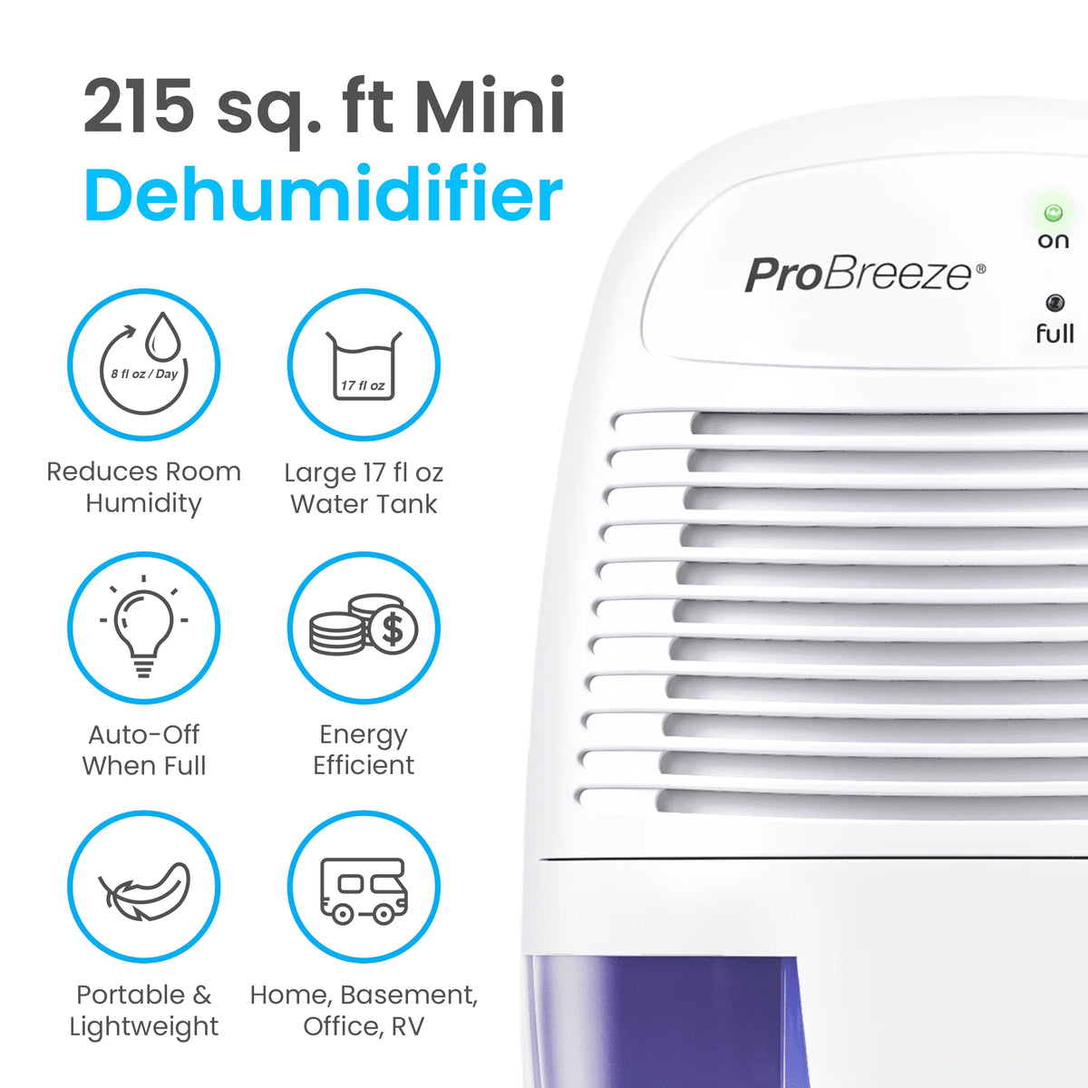 Pro Breeze 1 Pint Portable Dehumidifier for Small Rooms up to 215 sq. ft.
