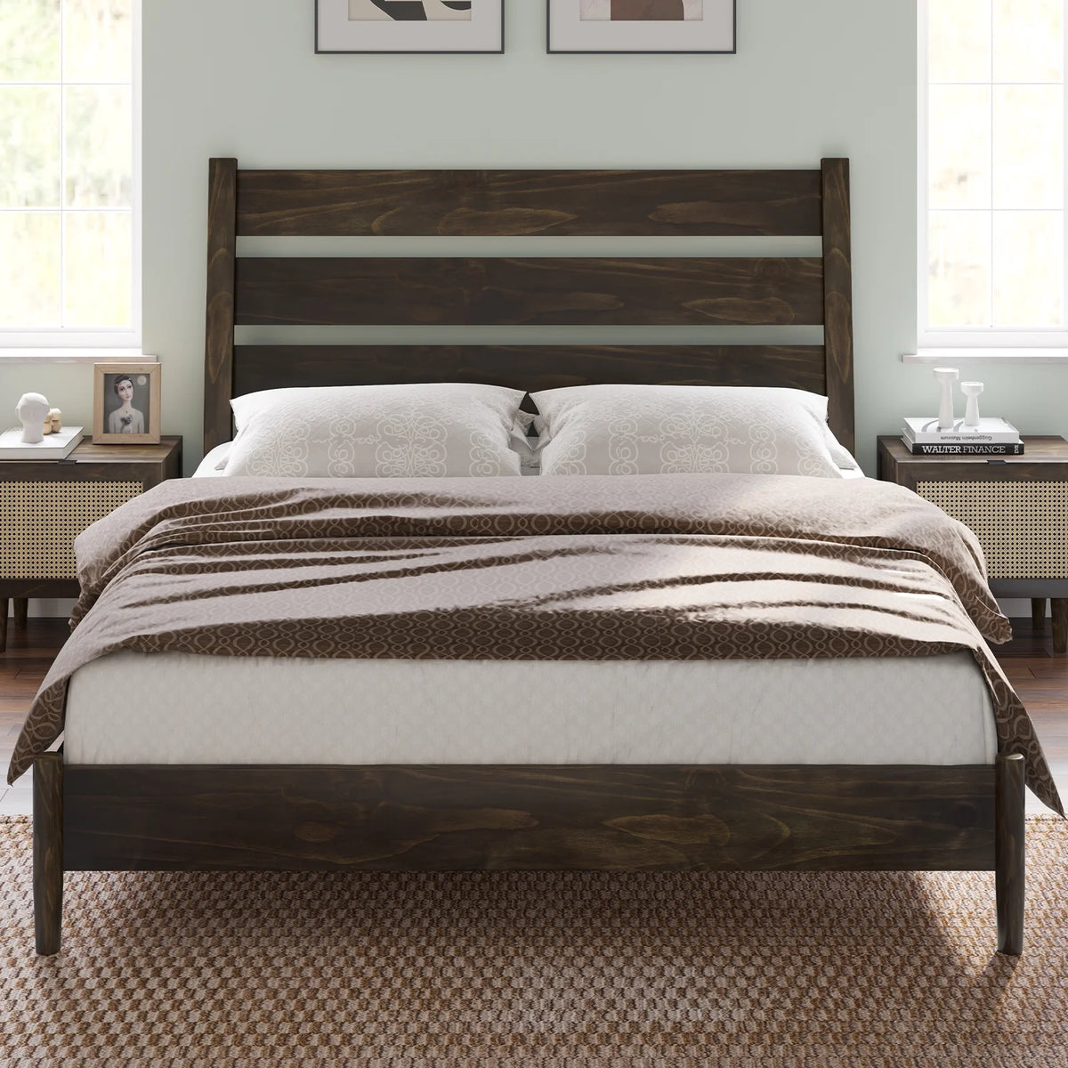 Merluxy Full Size Solid Wood Bed Frame, Mid Century Platform Bed with Reclining Slatted Headboard, Wood Slat Support/Noise Free, Light Brown