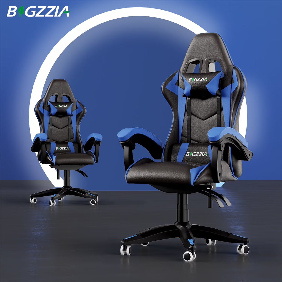 Bigzzia Gaming Chair Pu Leather Office Chair with Ergonomic Lumbar Pillow, Reclining Racing Game Chair Backrest and Seat Height Adjustable Swivel Recliner,Esports Chair with Headrest,Blue