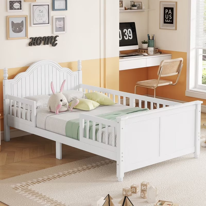 Duxelifin Wood Twin Bed Frame with Rails, Twin Size Low Platform Bed with Headboard and Footboard, Low Twin Bed Frame for Girls & Boys, White