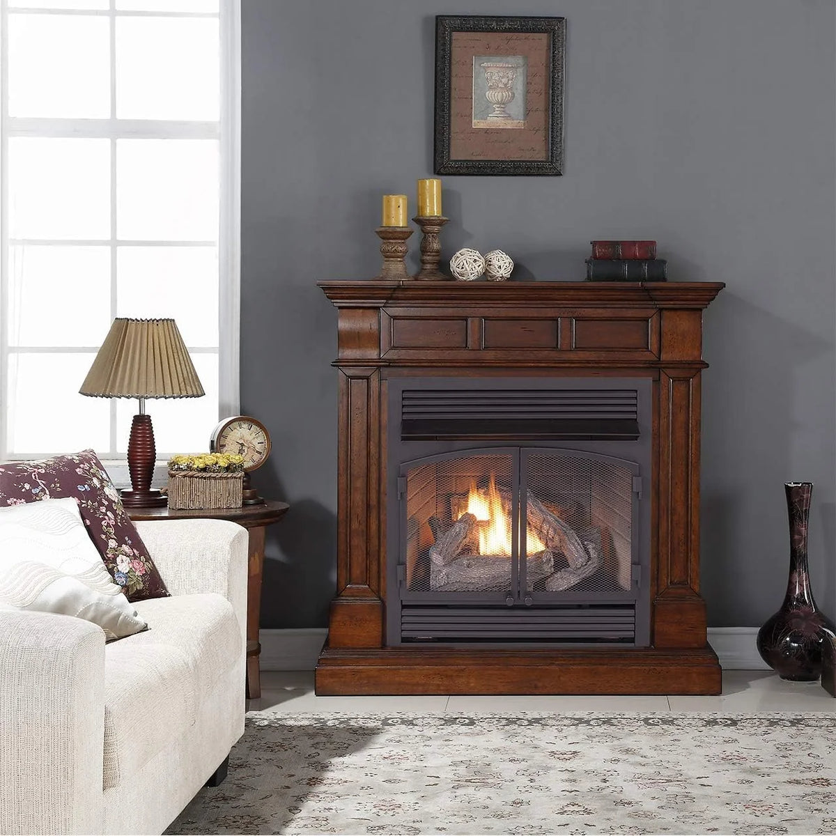 Duluth Forge Dual Fuel Ventless Gas Fireplace With Mantel - 32,000 BTU, T-Stat. Control, Auburn Cherry Finish - Model# DFS-400T-2AC