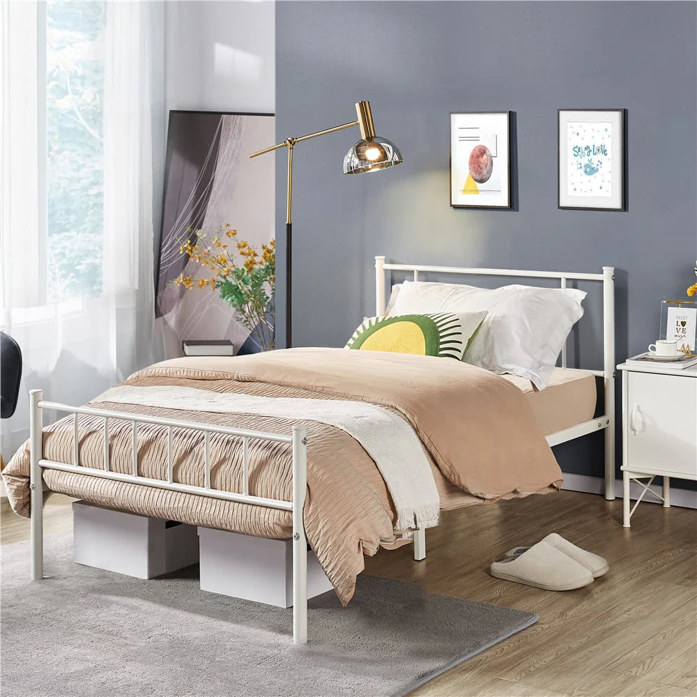 Topeakmart Metal Twin Bed Frame Slatted Bed Base with Headboard and Footboard, White