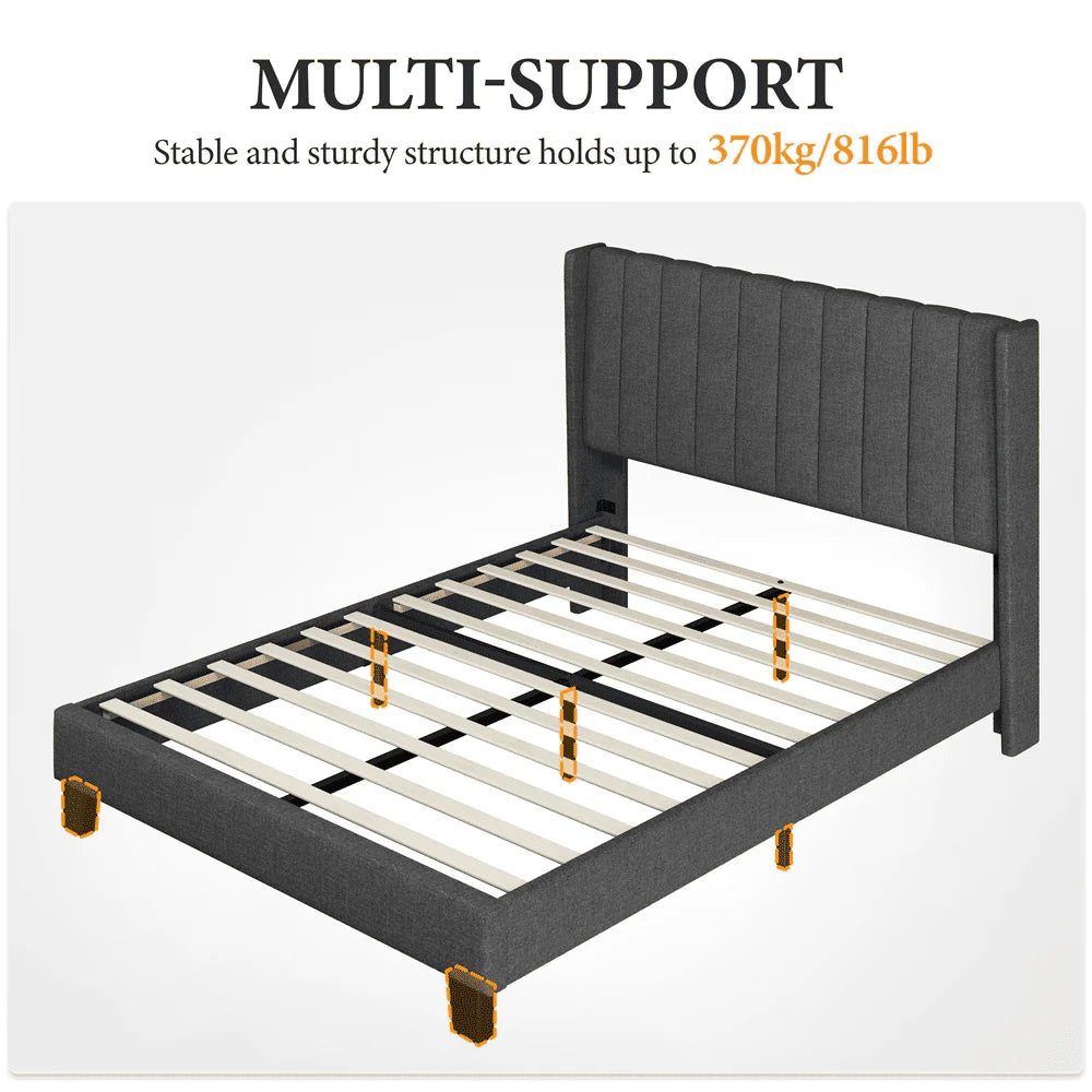 Yaheetech Upholstered Wingback Bed with Support and Mattress Foundation, Queen, Dark Gray