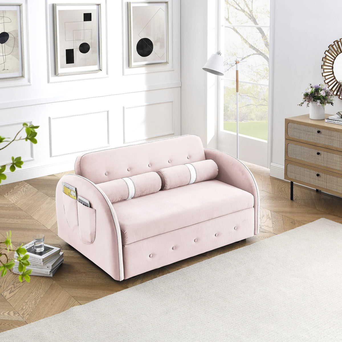 Modern Pull Out Sleeper Sofa Bed, Velvet Convertible Couch Loveseat with Adjsutable Backrest Side Pockets for Living Room Bedroom Apartment Office