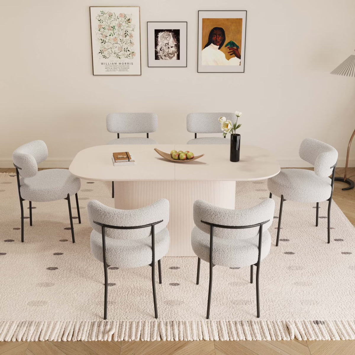 63 Inch Oval Dining Table Set with 6 Cushioned Chairs, Modern Wooden Dining Room Table Waterproof Scratch-Resistant Tabletop, Cream White for Family Gatherings