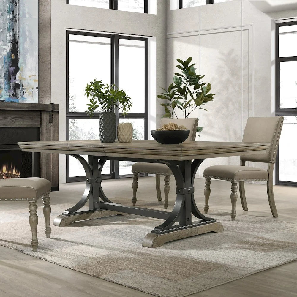 Birmingham Nailhead 6-Piece Table with Nail Head Bench Dining Set, Driftwood