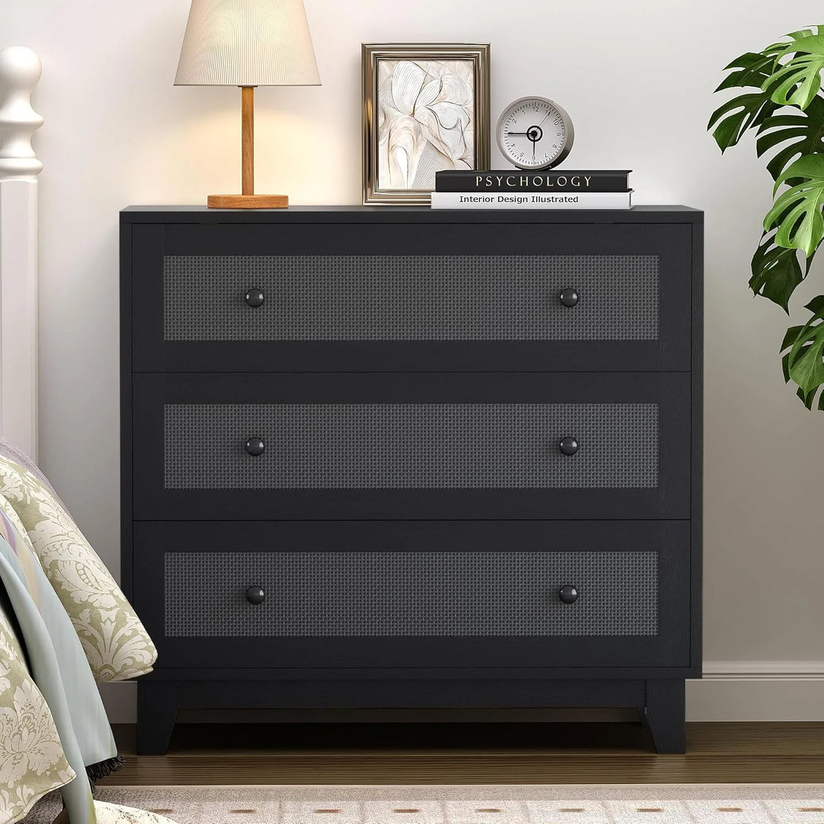 FANRAL 3 Drawer Dresser for Bedroom,Boho Small Natural Rattan Closet Dressers Chest of Drawers,Modern Wood Clothes Storage Organizer with Wooden Feet and Handles for Hallway,Living Room,Entryway