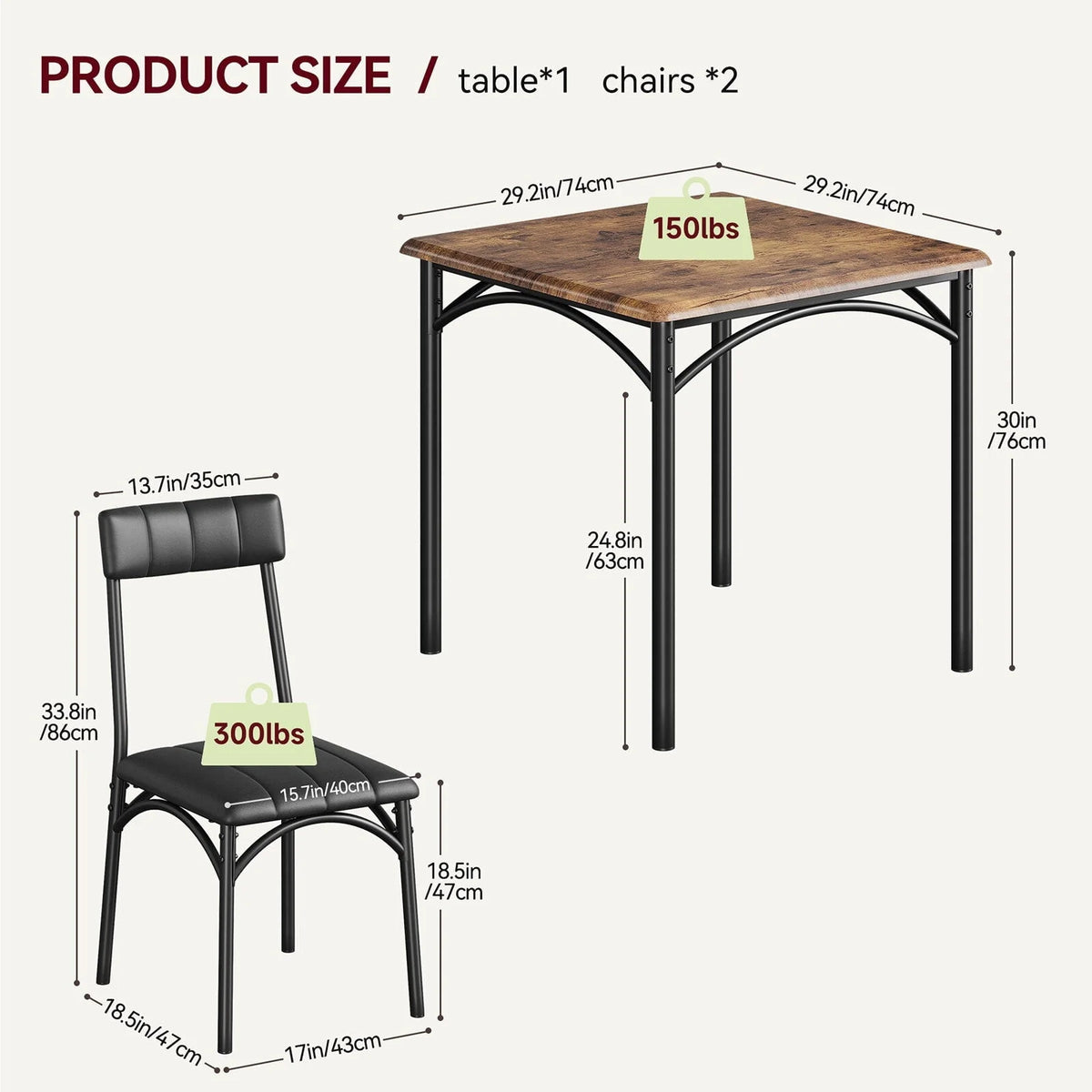 HOSSLLY 3-Piece Dining Table Sets with 2 Upholstered Chairs for Home Kitchen Small Space, Rustic Brown