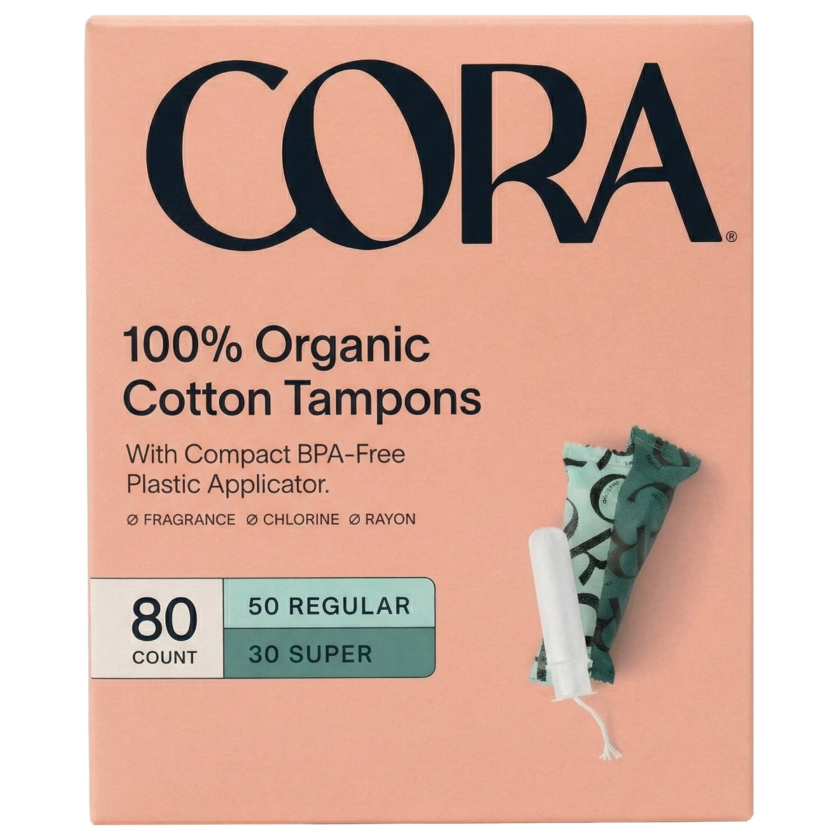 Cora Organic Cotton Tampons, Mixed Box, 80-count