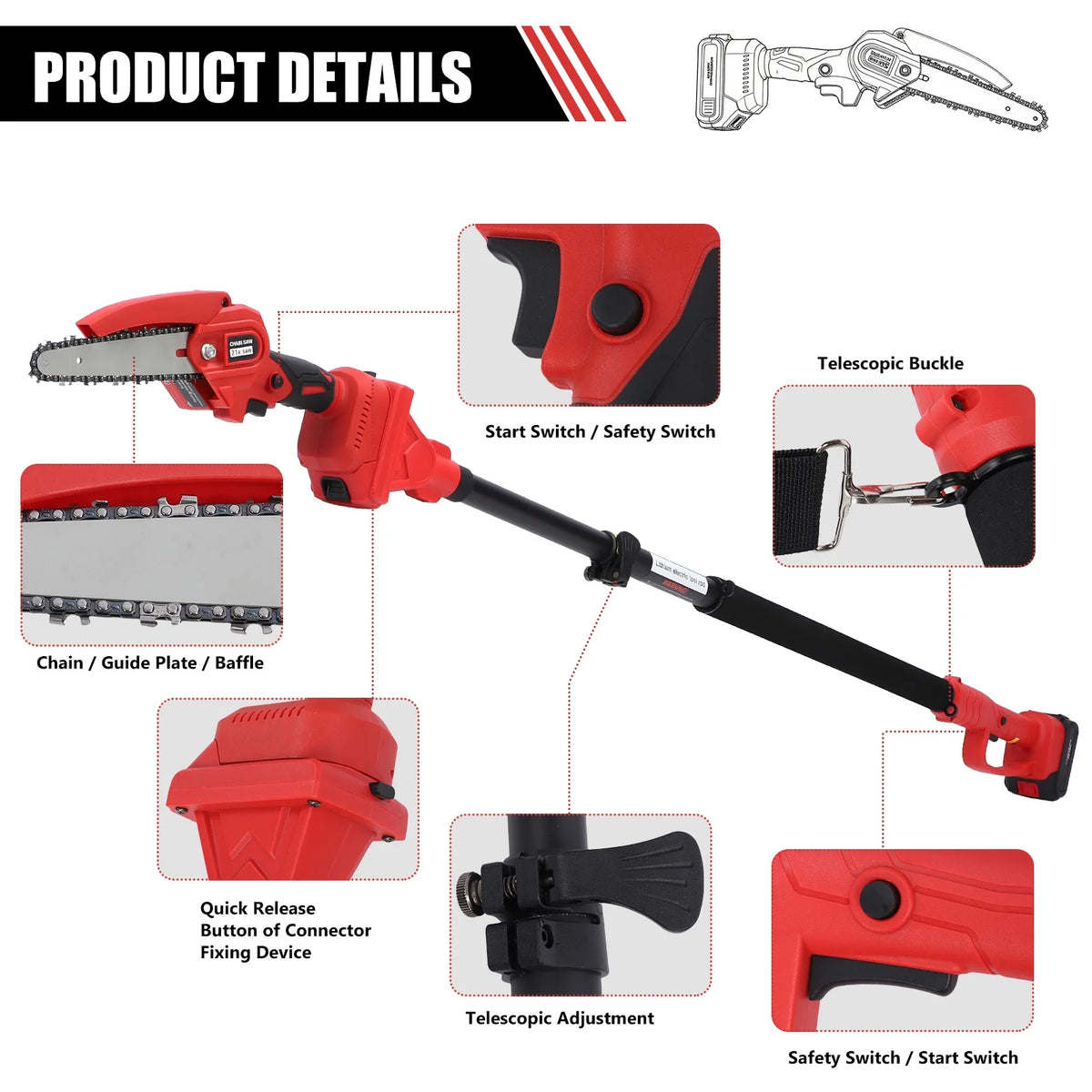 2-in-1 Brushless Cordless Pole Saw,6in + 8in Mini Chainsaw & Pole Saw with 2pcs 2.0A Batteries, 13.6ft Max Reach Brach Tree Saw Telescoping Extension Rod for Wood Tree Trimming Wood Cutting��Red