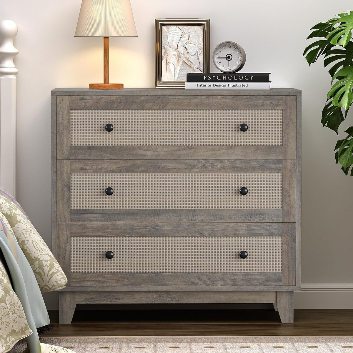 FANRAL 3 Drawer Dresser for Bedroom,Boho Small Natural Rattan Closet Dressers Chest of Drawers,Modern Wood Clothes Storage Organizer with Wooden Feet and Handles for Hallway,Living Room,Entryway