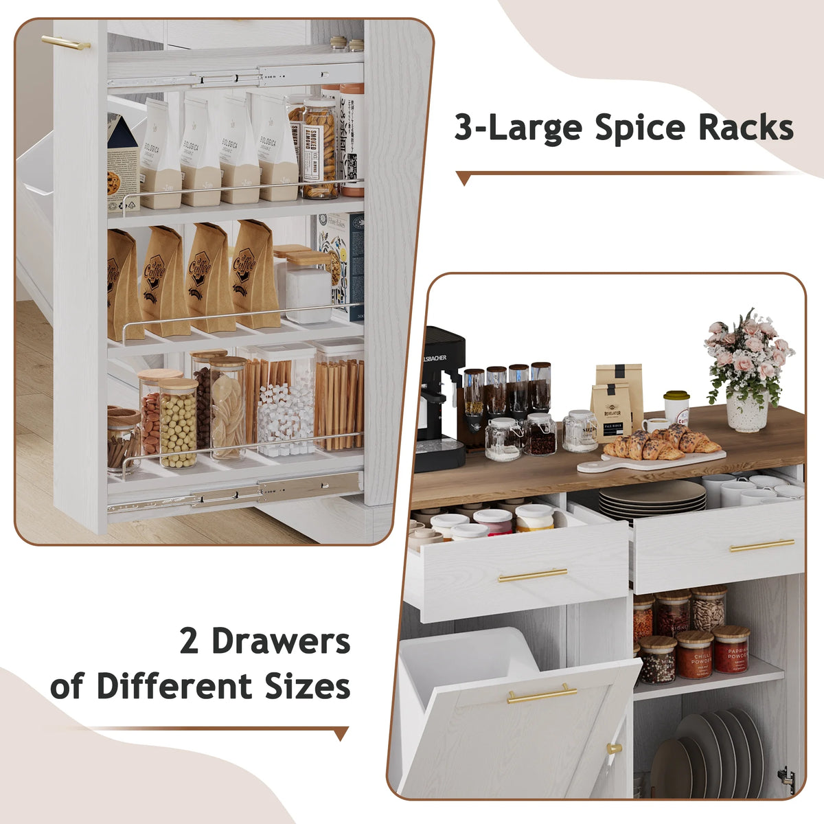 DreamCurship 52" Kitchen Island with Storage, Rolling Kitchen Cart Island with Wheels, Tilt Out Kitchen Trash Cabinet 10 Gallon Storage, 3 Large Spice Racks and 2 Drawers, White