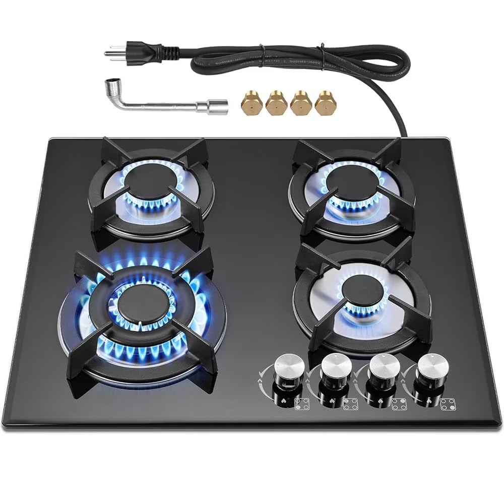 GRACEALL 4 Burner Gas Stove Cooktop 24in, Glass Top Built-in Gas Burner Hob, NG/LPG Compatible or use with Propane or Neutral Gas