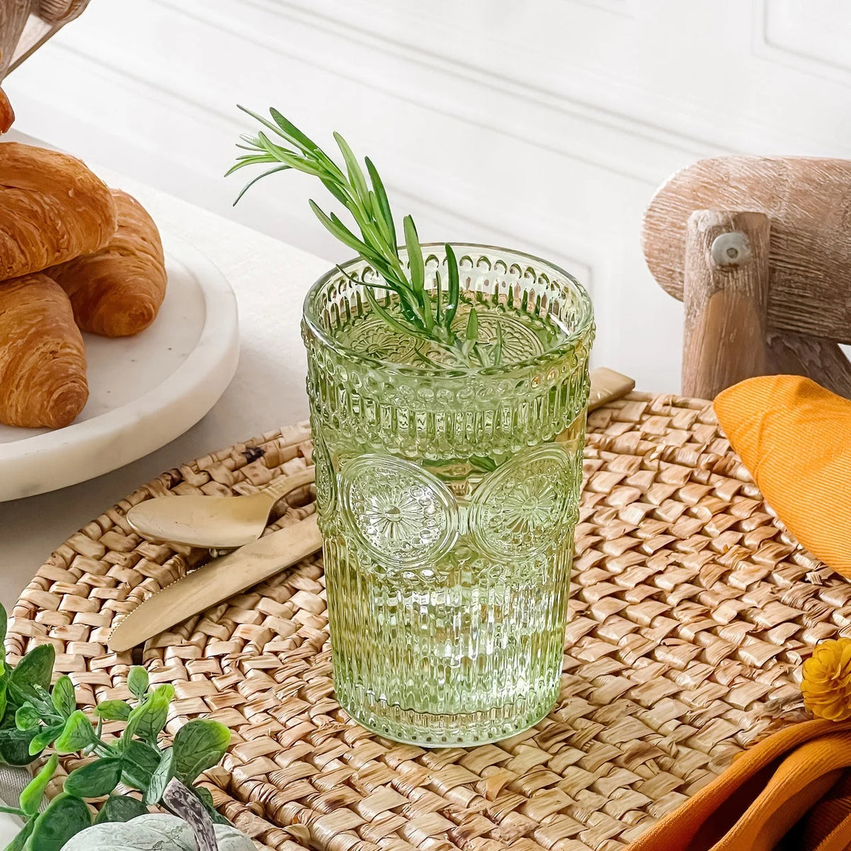 Vintage Textured Amber Striped Drinking Glasses Set of 24, (13 oz) Ribbed Glassware with Flower Design | Cocktail Set, Juice Glass, Water Tumbler