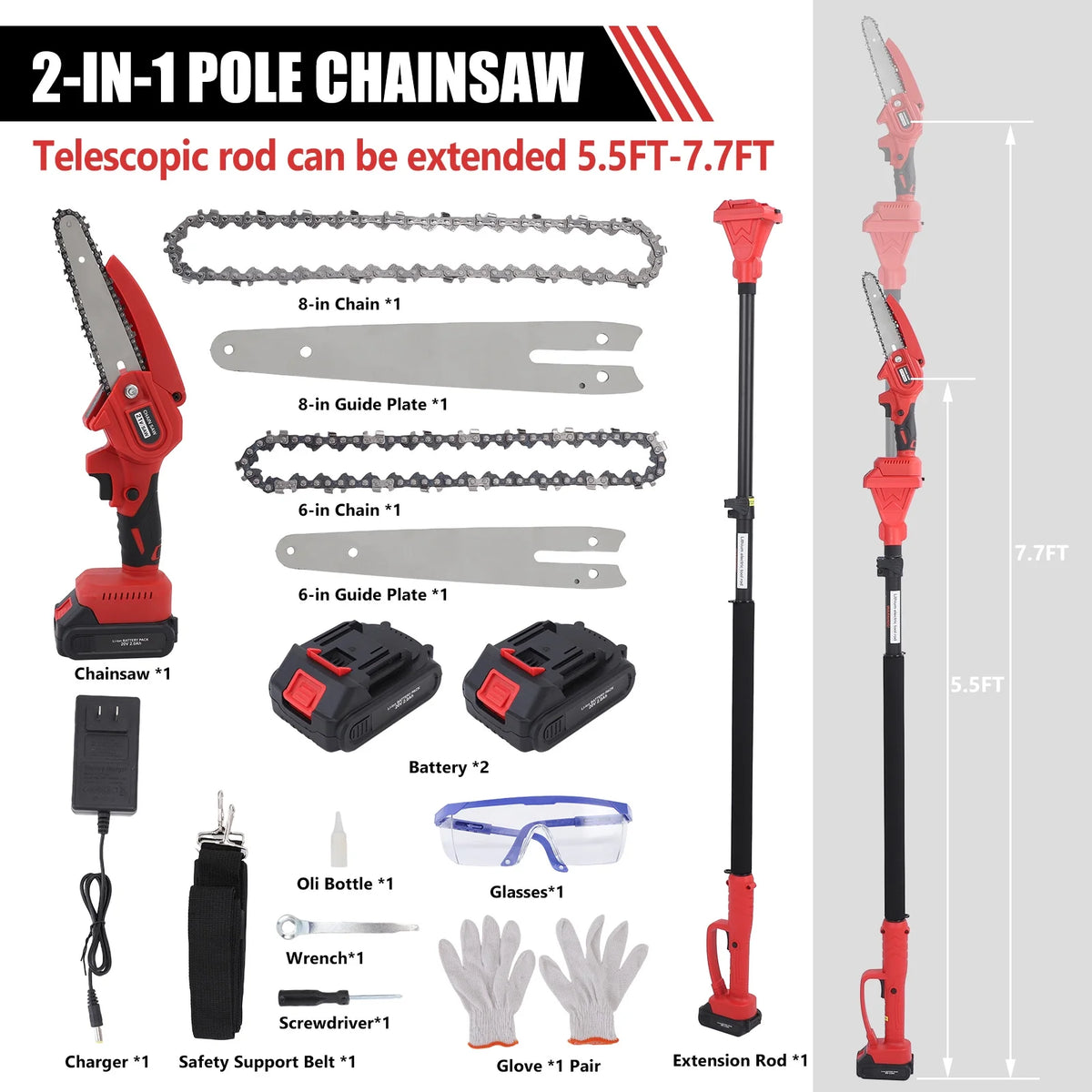 2-in-1 Brushless Cordless Pole Saw,6in + 8in Mini Chainsaw & Pole Saw with 2pcs 2.0A Batteries, 13.6ft Max Reach Brach Tree Saw Telescoping Extension Rod for Wood Tree Trimming Wood Cutting��Red