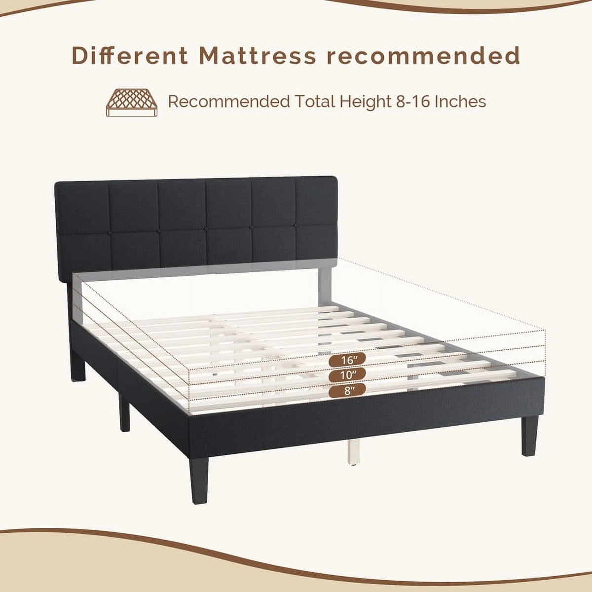 TINKLE WELL Twin Size Platform Bed Frame with Adjustable Headboard, 6" Under-Bed Storage, Solid Wood Frame, No Box Spring Required, 800LB Support, Quiet & Sturdy, Dark Grey