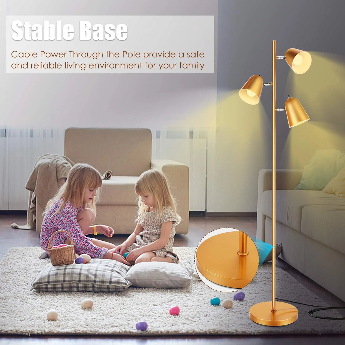 Devo Floor Lamp with 3 LED Edsion Bulb Super Bright Tree Floor Lamps with 360° Adjustable Rotating Shades, Independent Switch Control Reading Light Standing Tall Pole Lamps for Living Room Bedroom