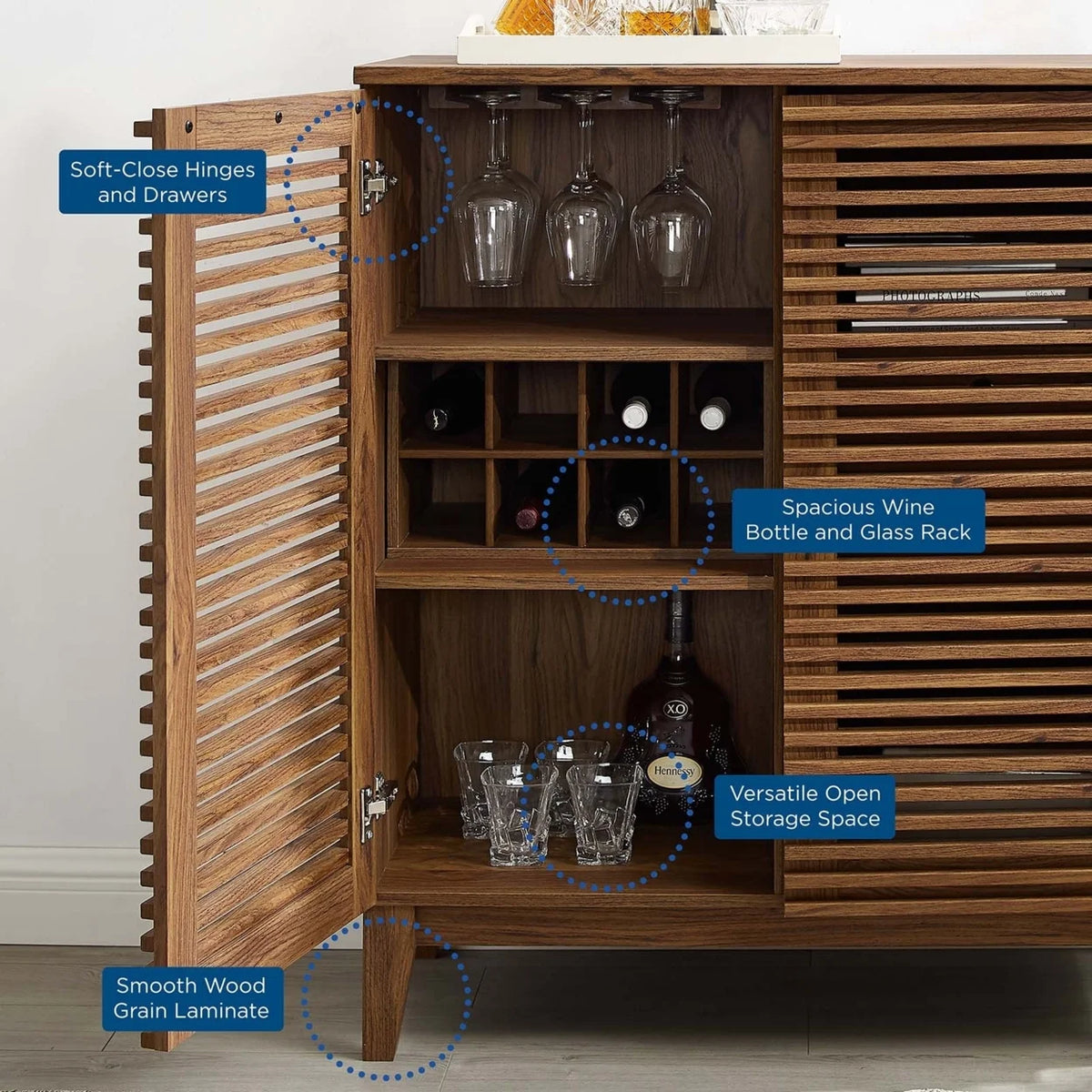 Modway Bar Cabinet with Slatted Door and 2 Drawers, Solidwood Walnut