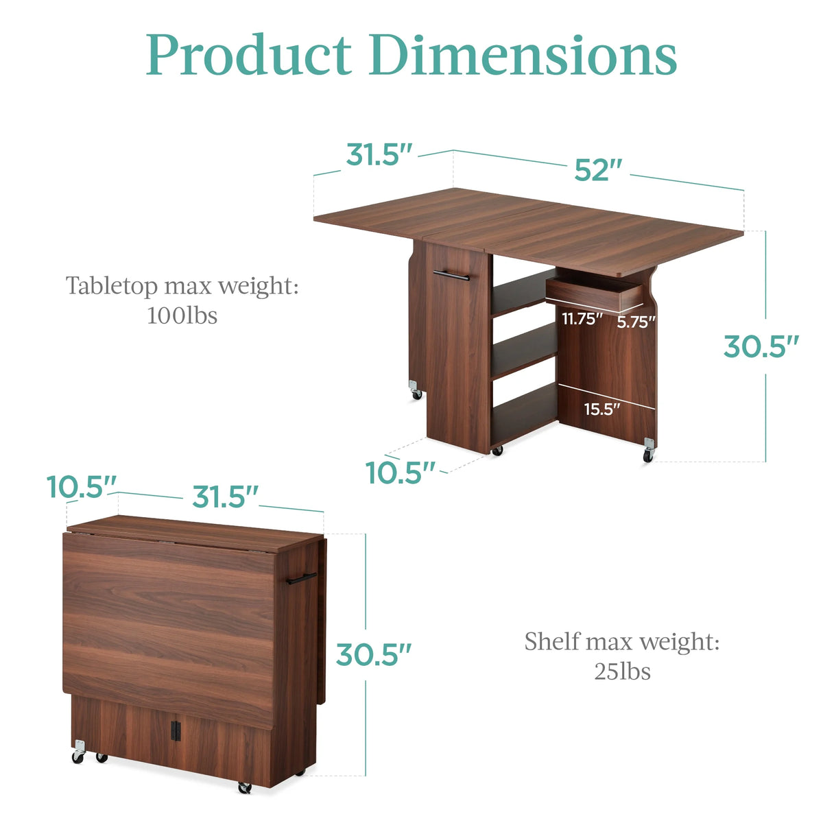 Best Choice Products Multipurpose Folding Table w/ Wheels, 3 Storage Shelves, Cubby, Handle - Brown