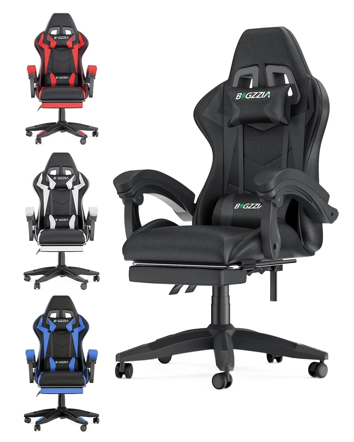 Bigzzia Gaming Chair Pu Leather Office Chair with Ergonomic Lumbar Pillow, Reclining Racing Game Chair Backrest and Seat Height Adjustable Swivel Recliner,Esports Chair with Headrest,Blue