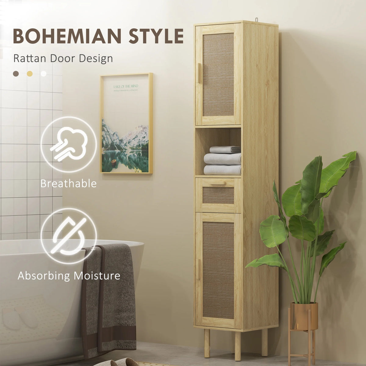 HOMCOM Tall Bathroom Storage Cabinet with Rattan Doors, Distressed Oak