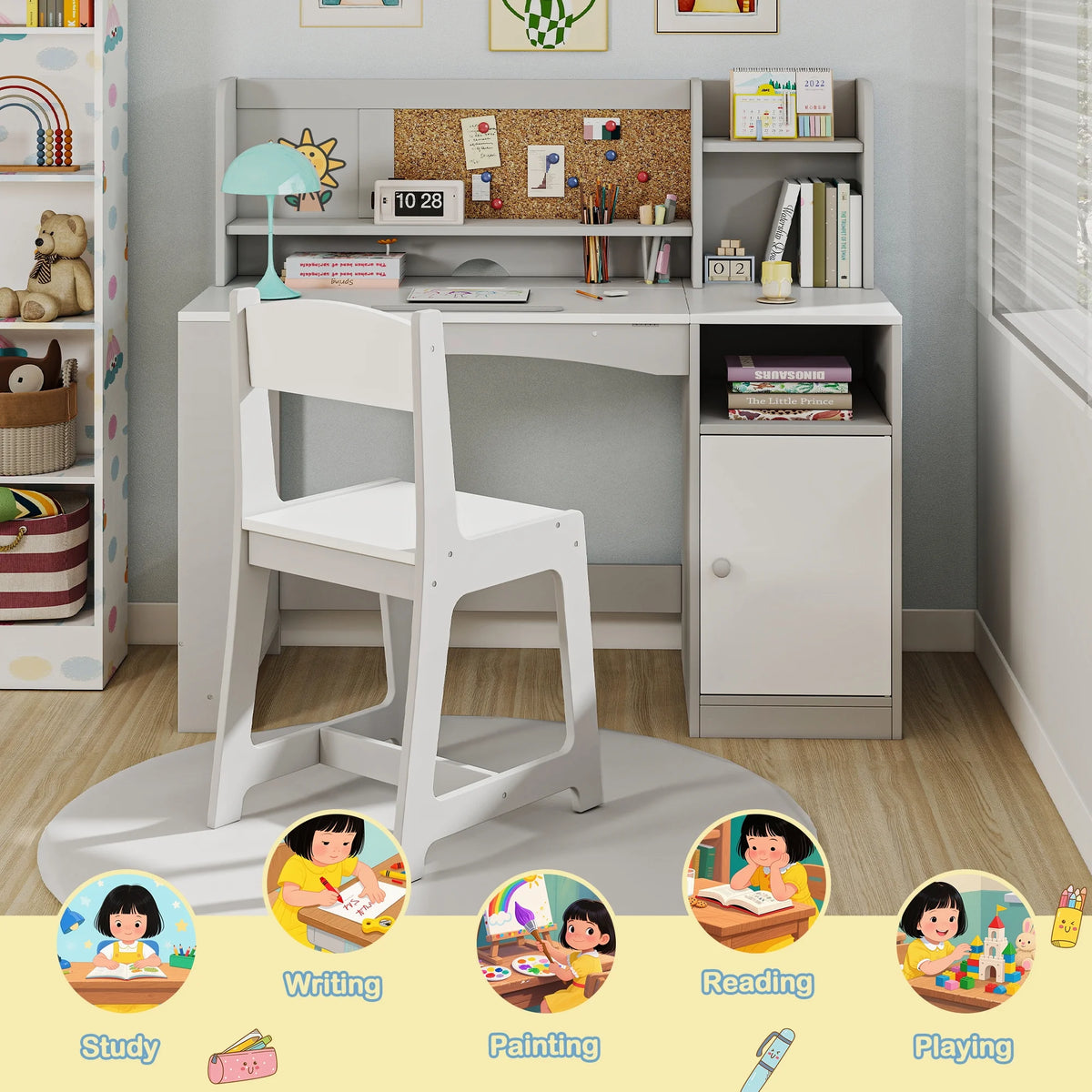 Reasea Kids Study Desk and Chair Set with Tiltable Desktop, Hutch & Storage - Wooden Writing Table for Ages 5-12, Grey