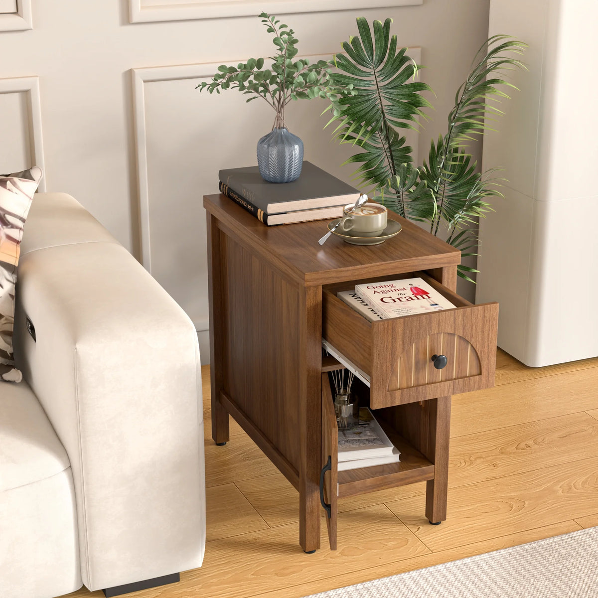 Narrow Nightstand with Drawers, Wood End Table, Narrow Side Table, Modern Sofa Side Table