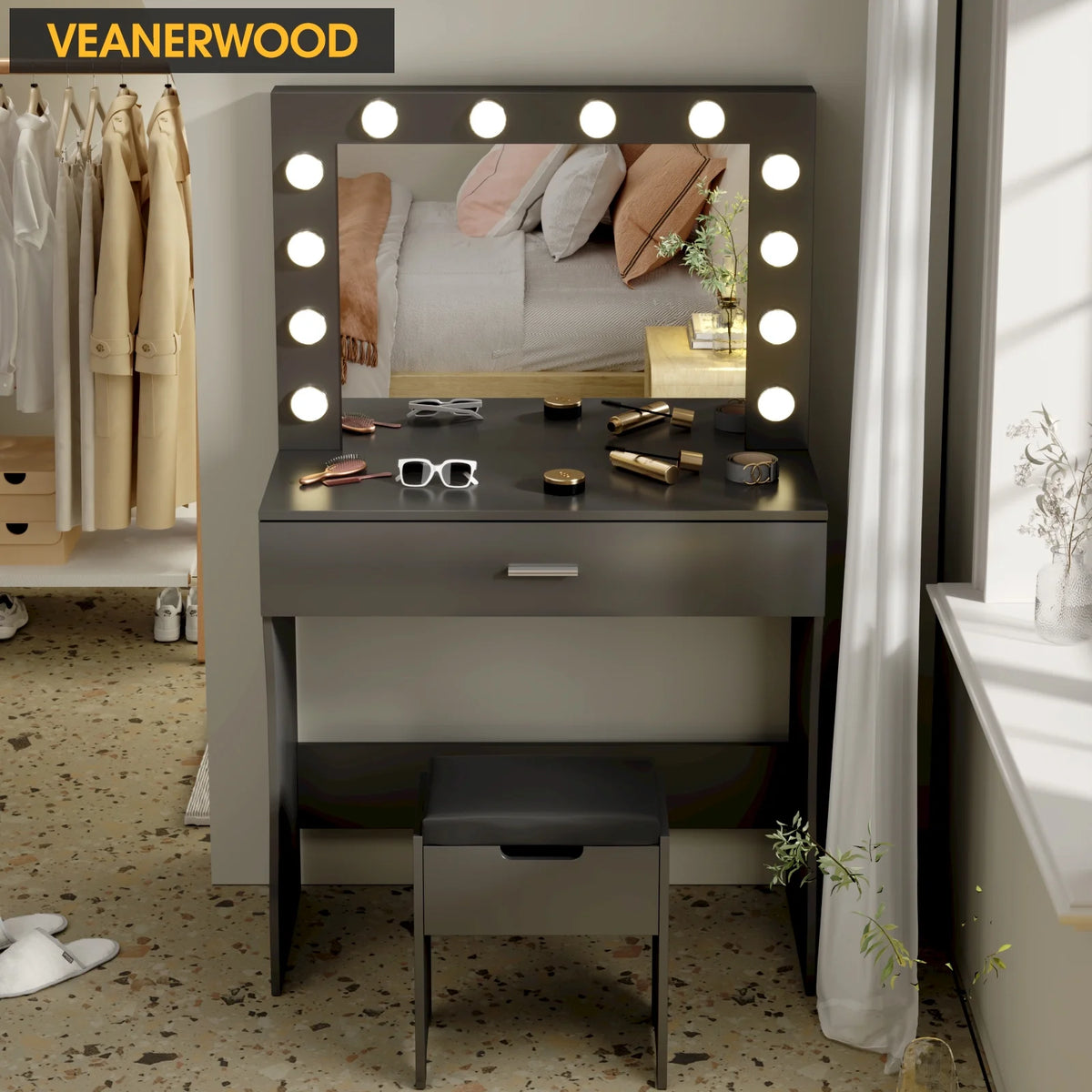Vanity Table Set with Lighted Mirror,Makeup Vanity with Lights, Large Drawer Sturdy Wood Vanity, White