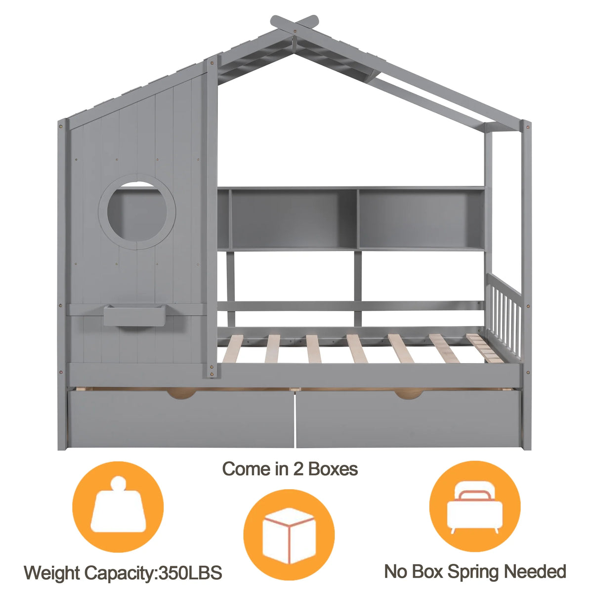 Bellemave House Bed with 2 Drawers and Storage Shelves, Wood Full Size Montessori Bed Frame with Roof and Window, Playhouse Bed for Bedroom (White)